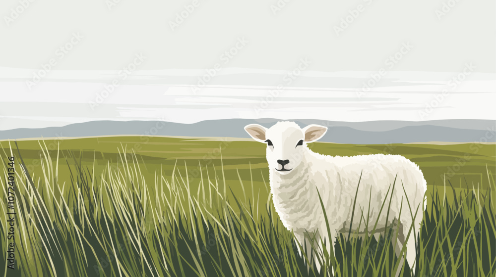 White sheep is standing in a field of tall grass. The sheep is looking to the right. Flat vector illustration isolated. White sheep is standing in a field of tall grass. The sheep is looking to the right. Flat vector illustration isolated.