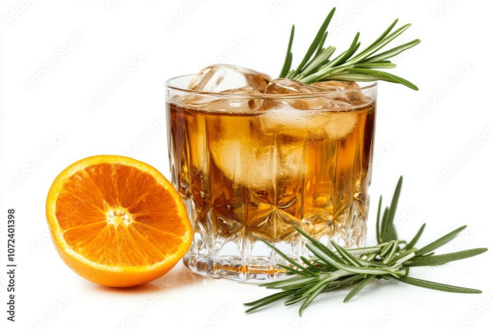 Rosemary and Orange Garnish for a Cocktail in a Glass with Ice Rosemary and Orange Garnish for a Cocktail in a Glass with Ice