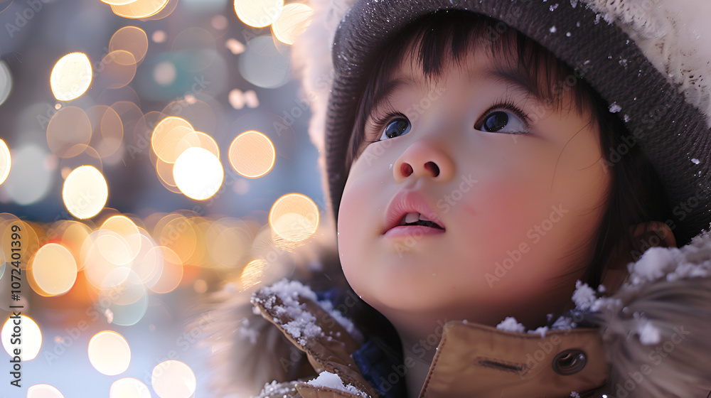 Child wonderment as they watch their first New Year fireworks display their eyes wide with amazement and delight in a snow Child wonderment as they watch their first New Year fireworks display their eyes wide with amazement and delight in a snow
