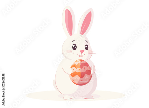 Cartoon rabbit holding an Easter egg. The rabbit is white and pink. The egg is orange and yellow. Flat vector illustration isolated.