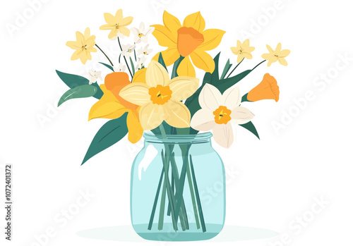 Vase filled with yellow flowers. The vase is blue and has a clear glass. Flat vector illustration isolated.