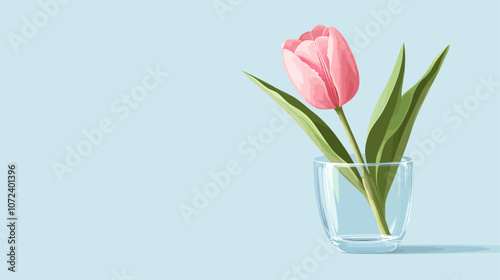 Pink flower in a clear glass vase. The vase is on a blue background. Flat vector illustration isolated.