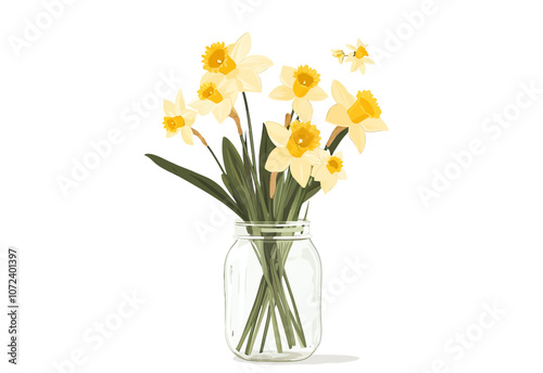Vase with yellow flowers in it. There are several flowers in the vase. Flat vector illustration isolated.