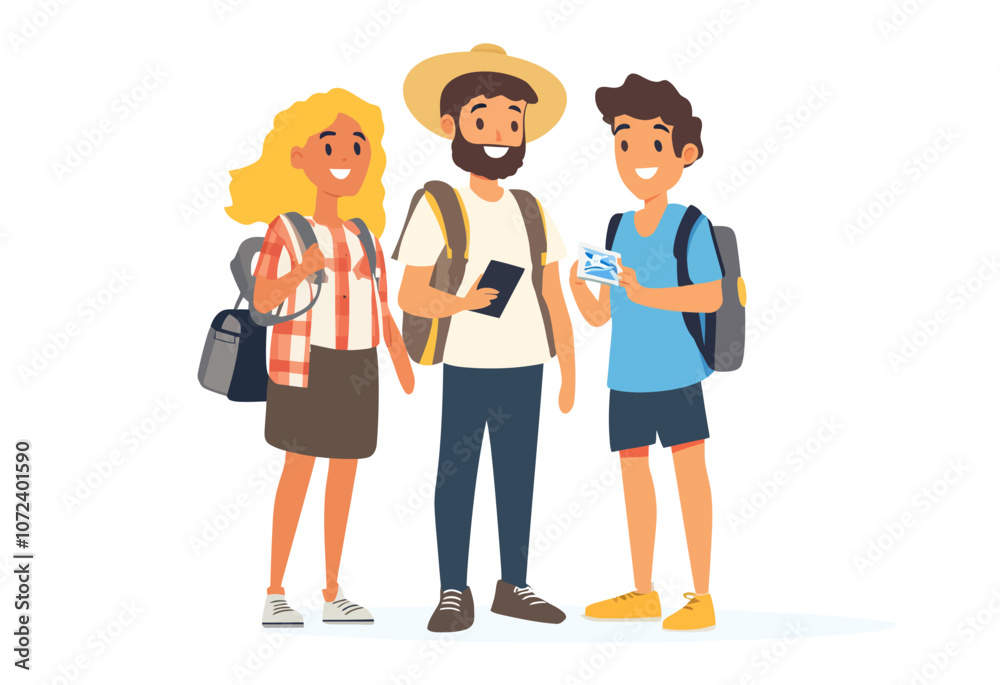 Obraz premium Three people are standing together. One of them is holding a cell phone. Flat vector illustration isolated.