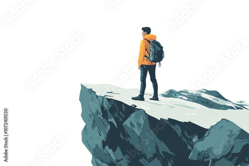 Man is standing on a mountain top. He is wearing a yellow jacket and a backpack. Flat vector illustration isolated.