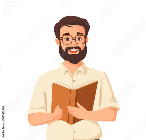 Man is holding a book in his hands. He is wearing glasses and has a beard. Flat vector illustration isolated.