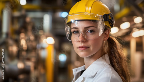 A woman in a safety helmet and goggles stands in an industrial setting.