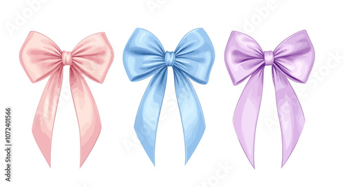 Three bows are shown in different colors. The pink bow is on the left, the blue bow is in the middle. Flat vector illustration isolated.