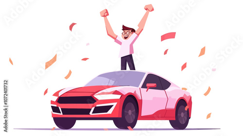 Man is standing on top of a red car. The car is surrounded by money. The man is smiling. Flat vector illustration isolated.