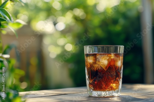 A Glass of Iced Brown Drink on a Wooden Table