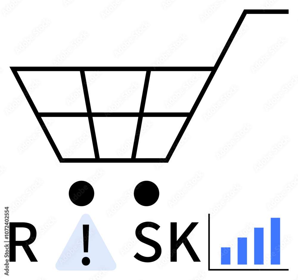 Shopping cart above RISK text, exclamation mark, and rising bar graph emphasize market and shopping hazards. Ideal for financial analysis, business strategy, e-commerce challenges, consumer risk Shopping cart above RISK text, exclamation mark, and rising bar graph emphasize market and shopping hazards. Ideal for financial analysis, business strategy, e-commerce challenges, consumer risk