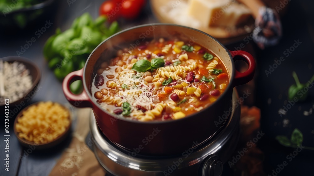 A pot of vibrant minestrone soup filled with vegetables, pasta, and beans, garnished with fresh basil and Parmesan A pot of vibrant minestrone soup filled with vegetables, pasta, and beans, garnished with fresh basil and Parmesan