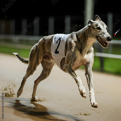 A greyhound dog racing on a track.