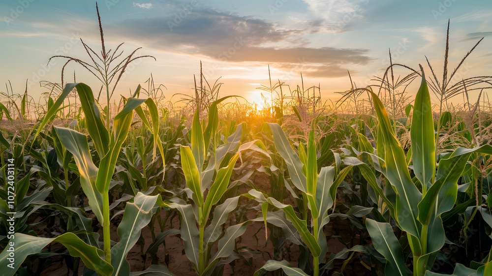 Fototapeta premium Golden sunlight casts a warm glow over a lush cornfield at sunset near a rural landscape