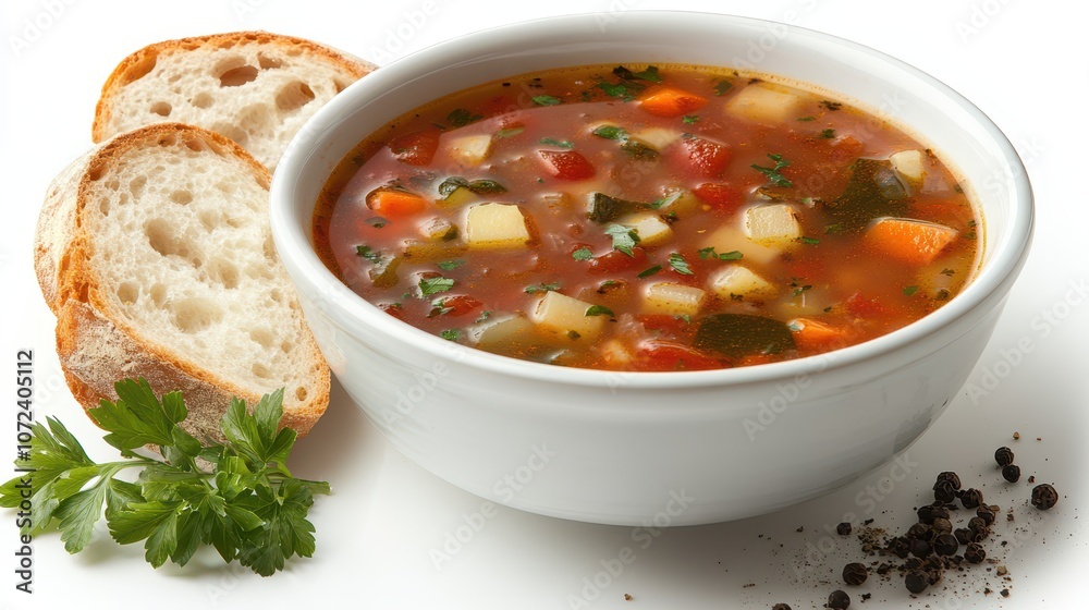Bowl of Vegetable Soup with Crusty Bread: Top View Photography Featuring Parsley and Black Pepper. Clean, Sharp Focus, and Studio Lighting on a White Background. Bowl of Vegetable Soup with Crusty Bread: Top View Photography Featuring Parsley and Black Pepper. Clean, Sharp Focus, and Studio Lighting on a White Background.