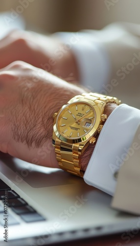 Luxury Gold Wristwatch on Businessman's Arm Symbolizing Time Management and Success photo