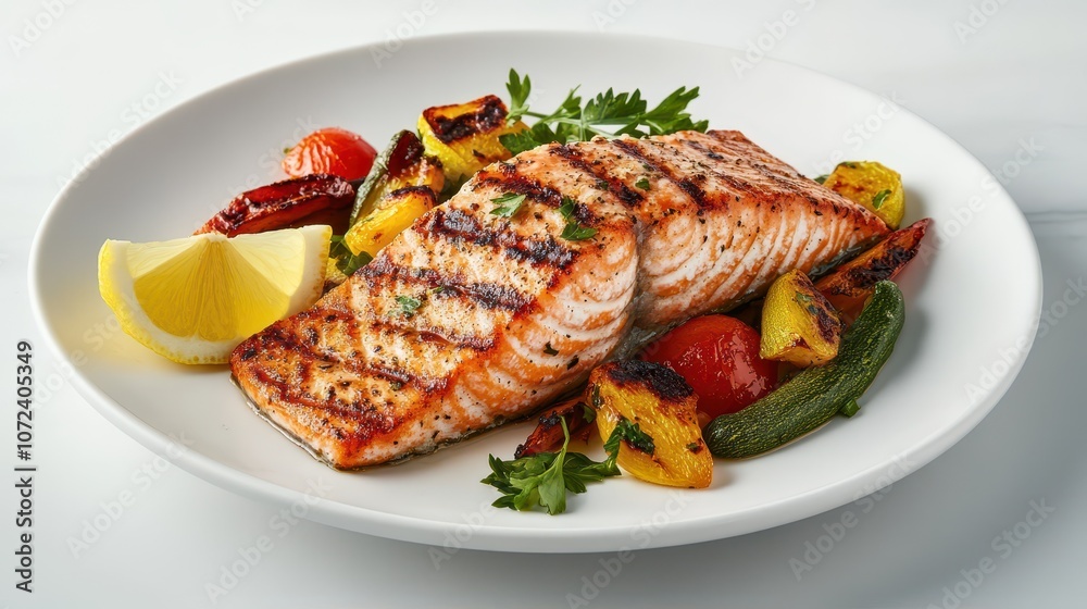 Grilled Salmon Fillet with Roasted Vegetables: Clean Commercial Composition at 45-Degree Angle with Lemon Wedge and Fresh Herbs, Studio Lighting, and Negative Space. Grilled Salmon Fillet with Roasted Vegetables: Clean Commercial Composition at 45-Degree Angle with Lemon Wedge and Fresh Herbs, Studio Lighting, and Negative Space.