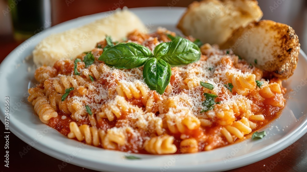 Plate of Pasta with Tomato Sauce and Fresh Basil: Clean Commercial Composition with Garlic Bread, Studio Lighting, and Negative Space in 45-Degree Angle View. Plate of Pasta with Tomato Sauce and Fresh Basil: Clean Commercial Composition with Garlic Bread, Studio Lighting, and Negative Space in 45-Degree Angle View.