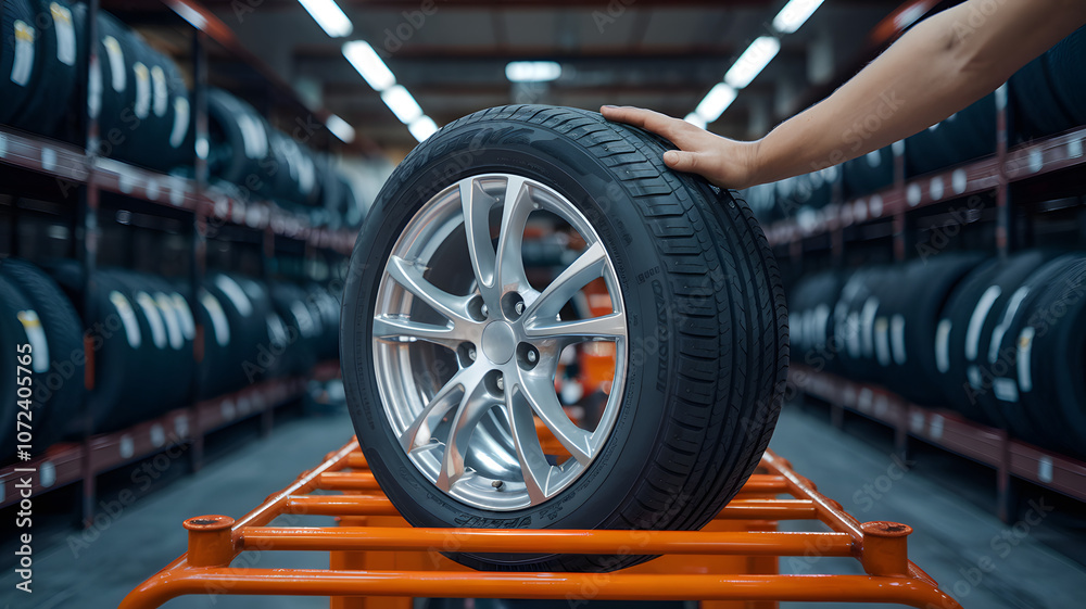 Fototapeta premium A person inspecting a new tire in a tire shop during daylight hours, surrounded by shelves filled with various tire types