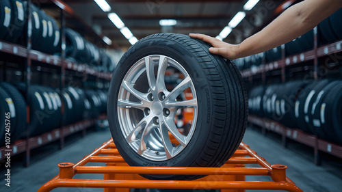 A person inspecting a new tire in a tire shop during daylight hours, surrounded by shelves filled with various tire types