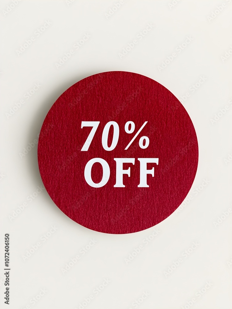 White '70% OFF' Text on a Dark Red Round Paper Note. White Background White '70% OFF' Text on a Dark Red Round Paper Note. White Background