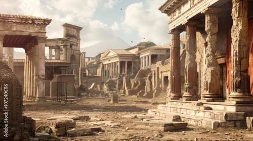 Vibrant scene of pompeii s public forum before eruption, capturing ancient architecture and life photo