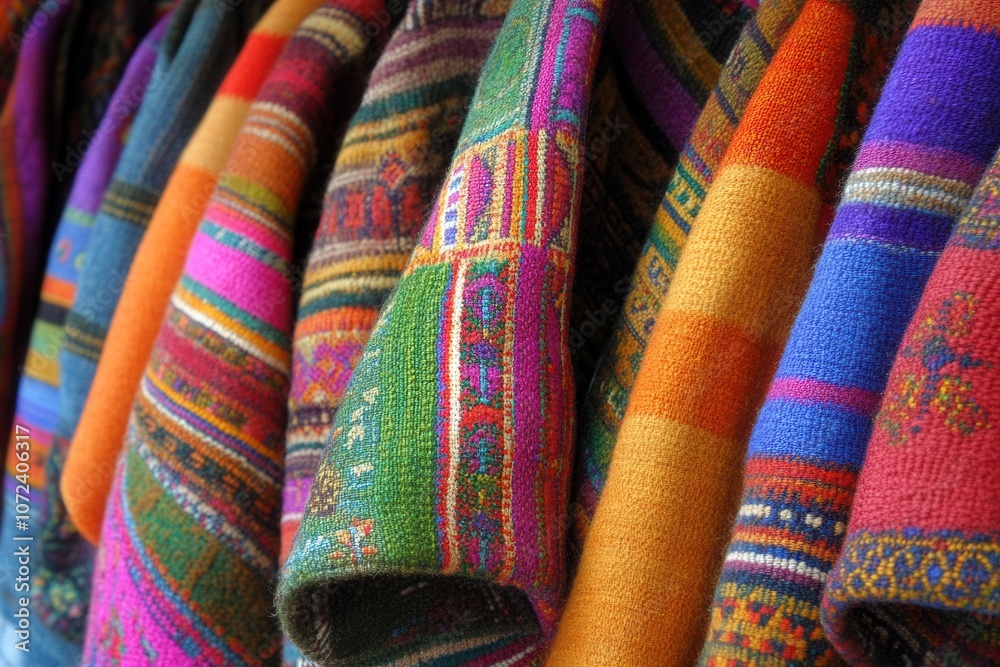 Colorful traditional woven textiles on display Colorful traditional woven textiles on display