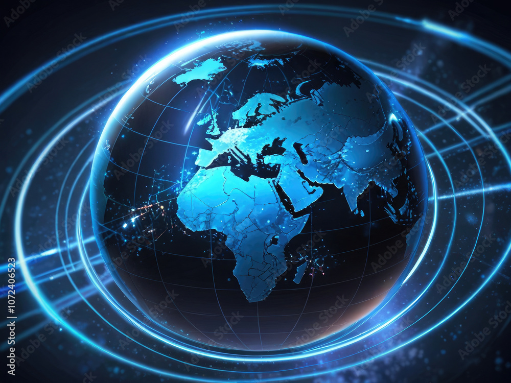 Digital world globe, concept of global network and connectivity on Earth, high speed data transfer and cyber technology, information exchange and international telecommunication Digital world globe, concept of global network and connectivity on Earth, high speed data transfer and cyber technology, information exchange and international telecommunication