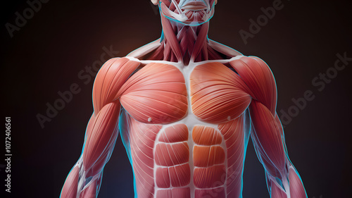 Detailed anatomical depiction of human muscular system highlighting major muscle groups in a dark setting photo