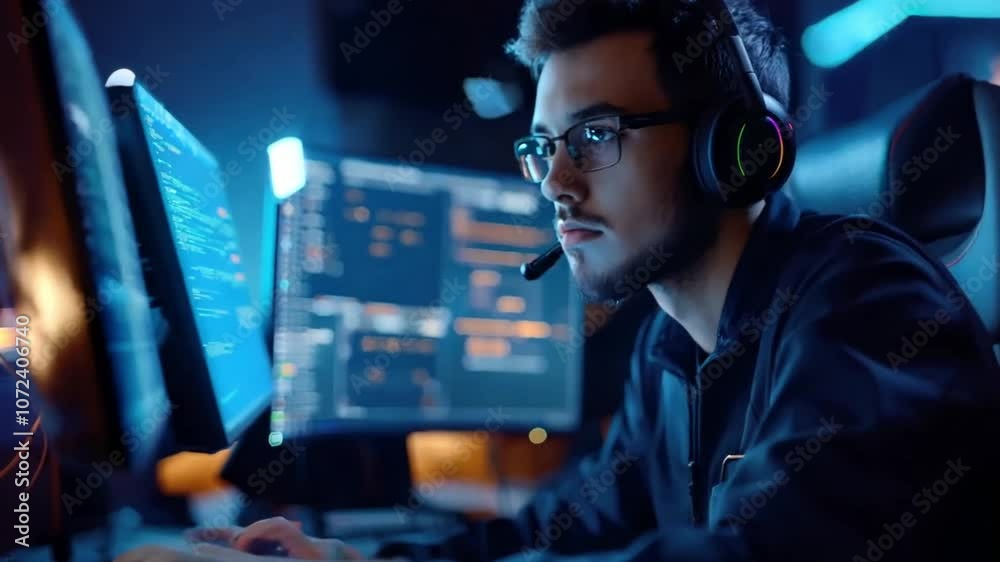 Male call center employee wearing headset and working on computer doing customer service.