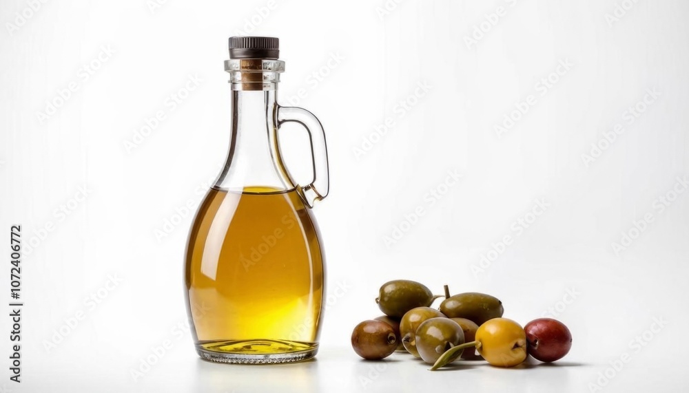 A bottle of olive oil and olives against a white background. AI generated.
A bottle of olive oil and olives against a white background. AI generated.