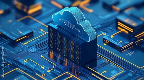Network Engineer Cloud Server VM Simplified cloud server hosting VM with arrows showing data flow, no face, no body, flat design illustration