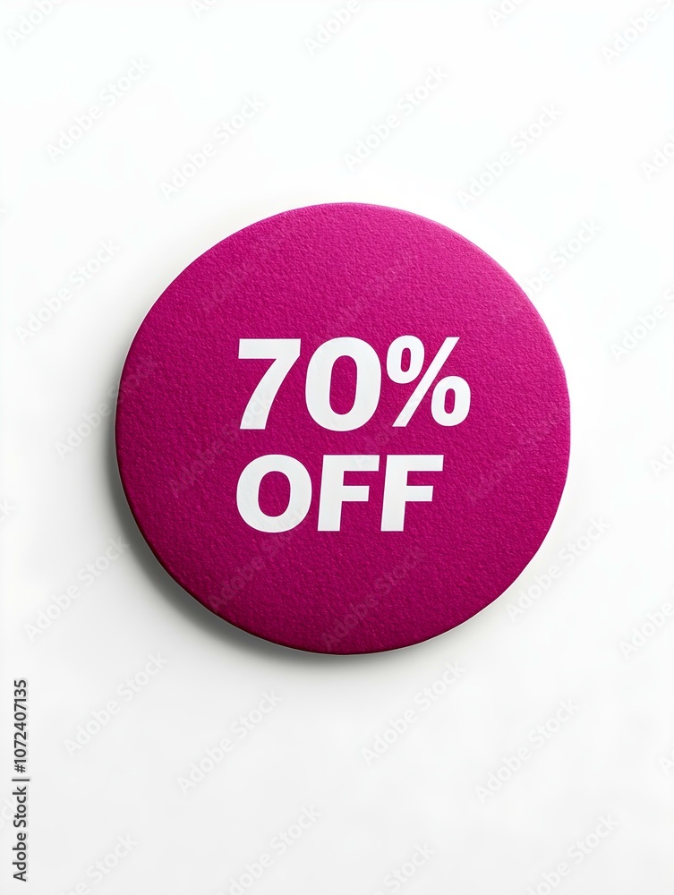 White '70% OFF' Text on a Fuchsia Round Paper Note. White Background White '70% OFF' Text on a Fuchsia Round Paper Note. White Background