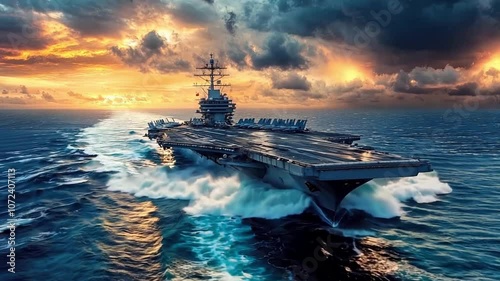 Us navy aircraft carrier sails gracefully with fighter jets on its deck, showcasing military power and defense at sea.  photo