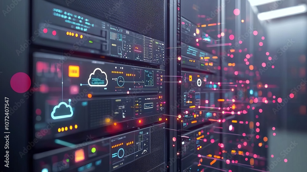 Fototapeta premium Network Engineer Cloud Server VM Data center racks overlaid with a virtual machine interface and cloud icons, blending physical and digital