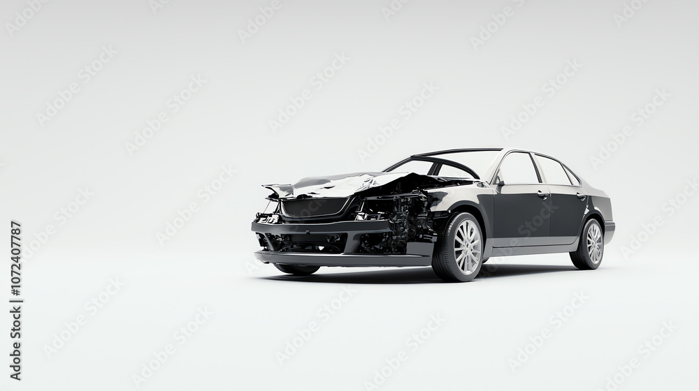 Front View of a Damaged Car with Detached Bumper on Minimalist Background Front View of a Damaged Car with Detached Bumper on Minimalist Background