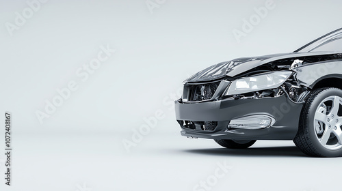 Front View of a Damaged Car with Detached Bumper on Minimalist Background