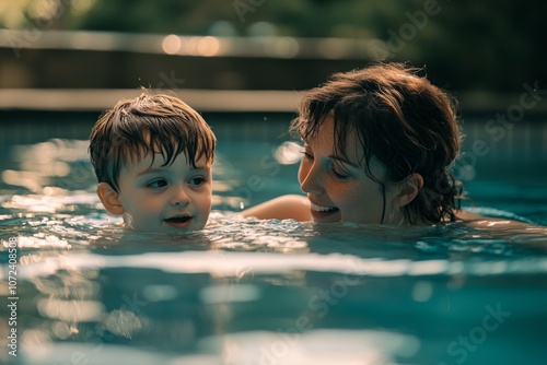 A joyful moment shared between a mother and her son in a serene pool. The sunlight reflects on the water creating a peaceful atmosphere. Generative AI photo