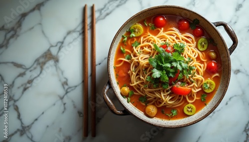 Savor Delicious Homemade Noodle Soup with Fresh Ingredients and Vibrant Presentation photo