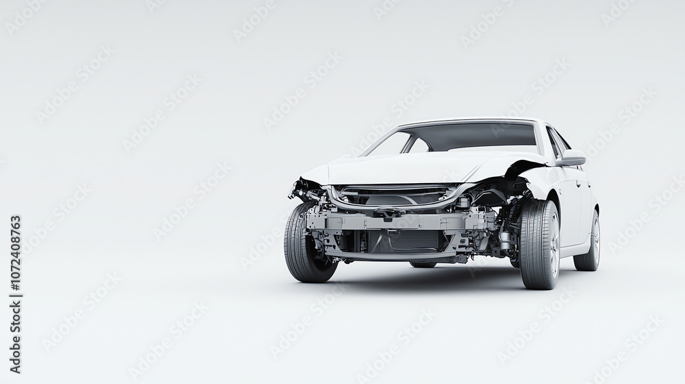 Front View of a Damaged Car with Detached Bumper on Minimalist Background