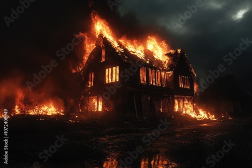 Spooky Burning Mansion in the Dark of Night, a Haunting Disaster