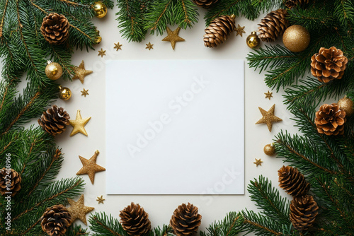 Christmas Frame surrounded a decoration. Composition on white background. Flat lay. Mock up next to gold decorated branches. Festive holiday artwork. Blank mockup. Poster product design template. photo