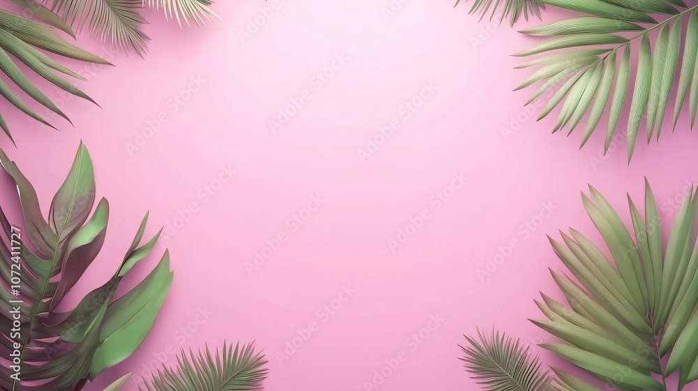 Tropical plants frame creating empty space on pink background Tropical plants frame creating empty space on pink background