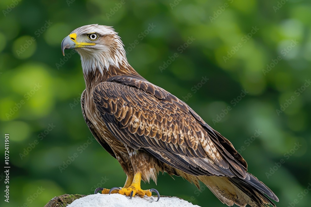 Fototapeta premium Majestic bald eagle perched against lush green background