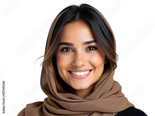 Middle east Arabic woman smiling in white background, facial expression