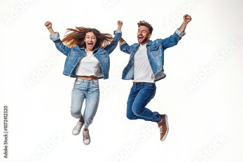 Photo of rejoicing overjoyed nice charming couple wearing jeans denim jackets enjoying their free time in summer while isolated with blue background 