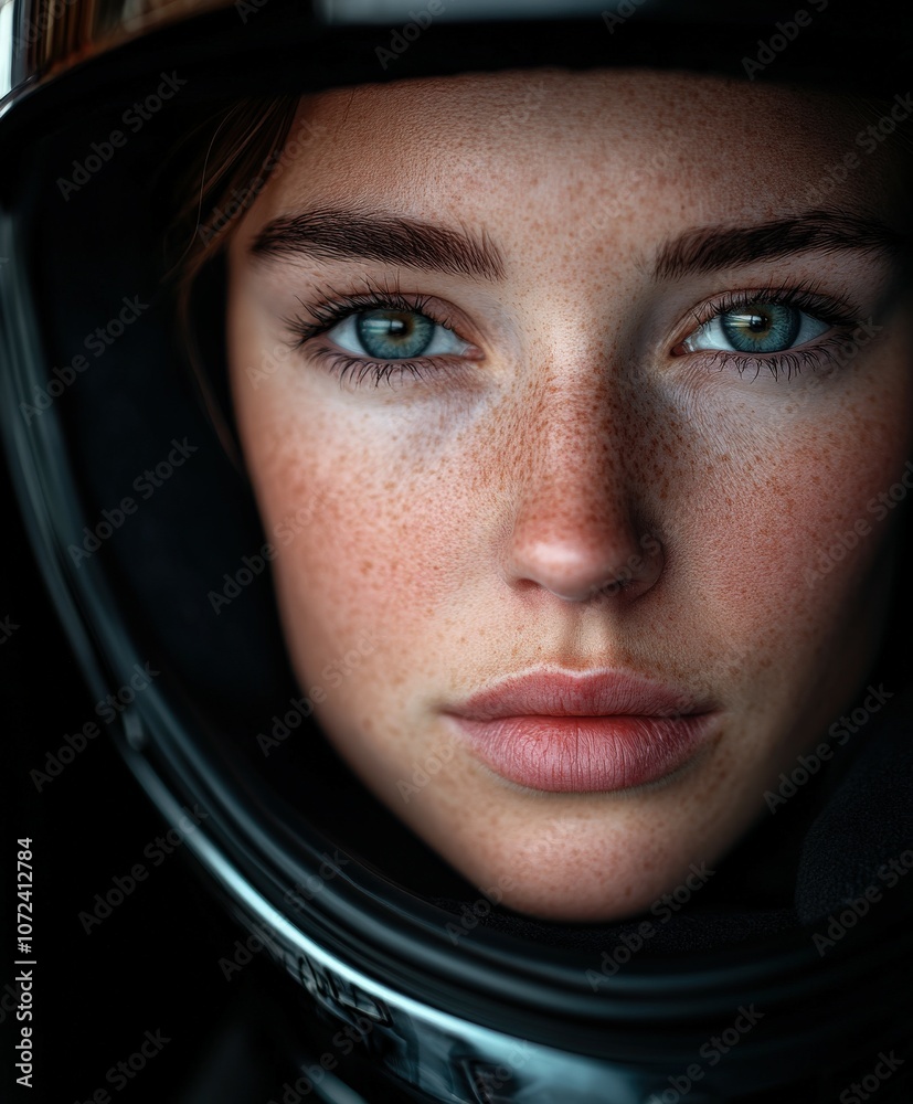 A young woman gazes directly at the camera while wearing a racing helmet A young woman gazes directly at the camera while wearing a racing helmet