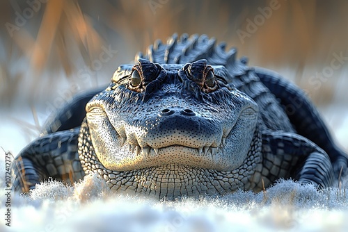 Close-up of alligator on frosty ground in natural habitat photo