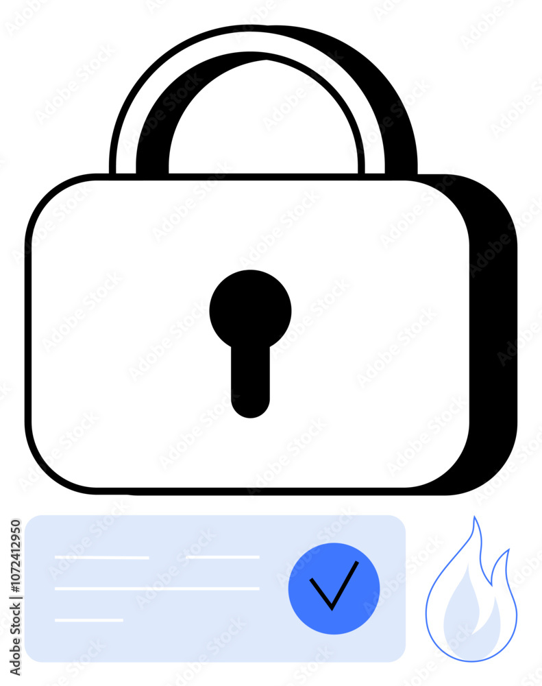 Secure lock with keyhole, blue authentication card with checkmark, and flame symbol. Ideal for cybersecurity, data protection, privacy measures, secure access, safety protocols, authentication Secure lock with keyhole, blue authentication card with checkmark, and flame symbol. Ideal for cybersecurity, data protection, privacy measures, secure access, safety protocols, authentication