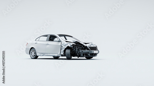 Front View of a Damaged Car with Detached Bumper on Minimalist Background photo